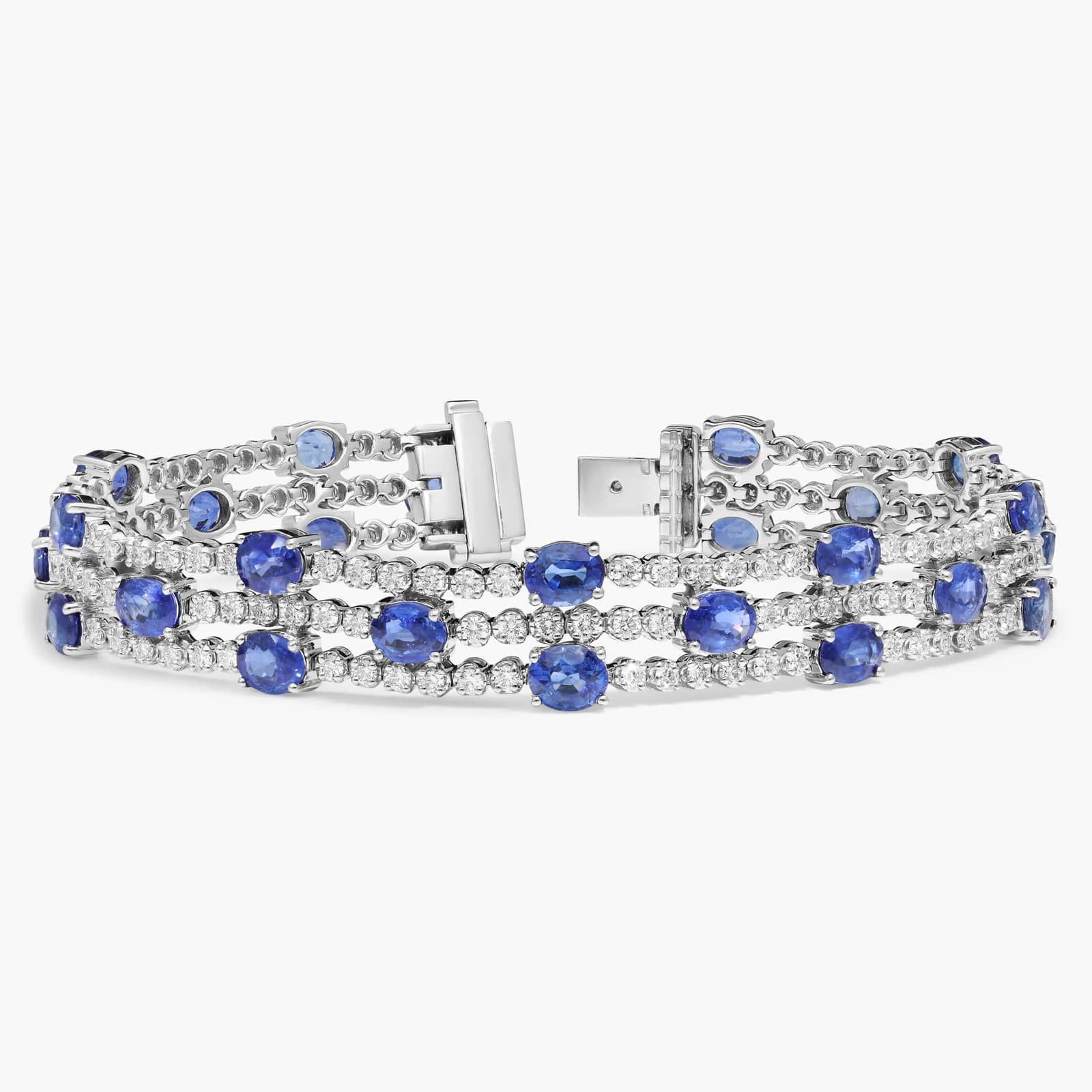 Oval Cut Sapphire & Diamond Three Row Bracelet with 3 CTW Round Cut Diamonds in 18K White Gold