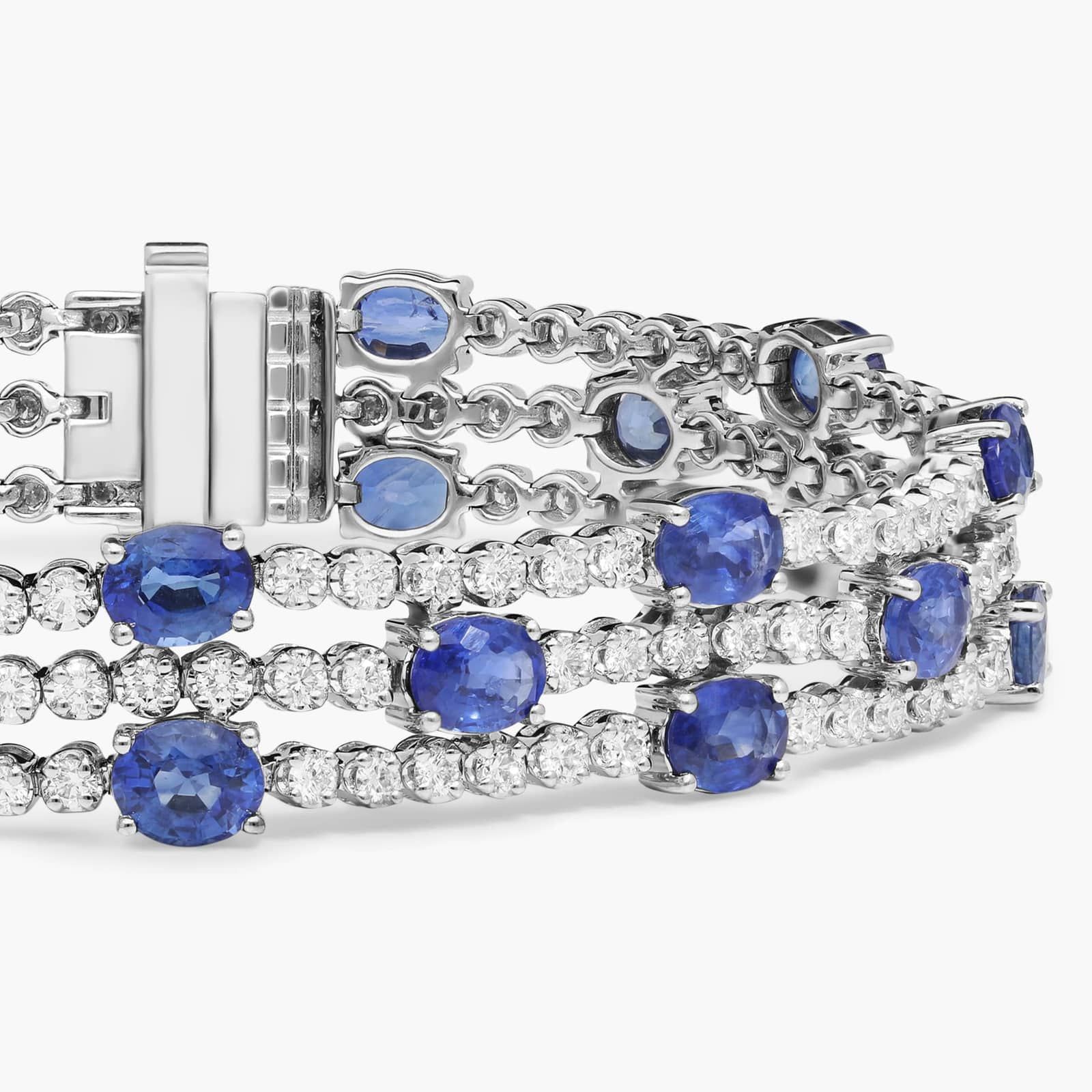 Oval Cut Sapphire & Diamond Three Row Bracelet with 3 CTW Round Cut Diamonds in 18K White Gold