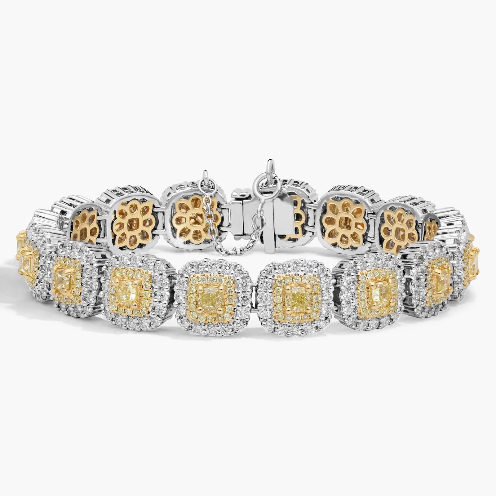 White And Yellow Diamond Halo Bracelet with 10.5 CTW Mixed Shape Diamonds in 18K White & Yellow Gold