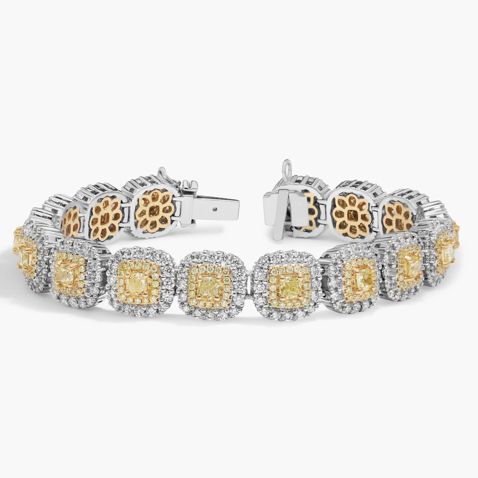 White And Yellow Diamond Halo Bracelet with 10.5 CTW Mixed Shape Diamonds in 18K White & Yellow Gold