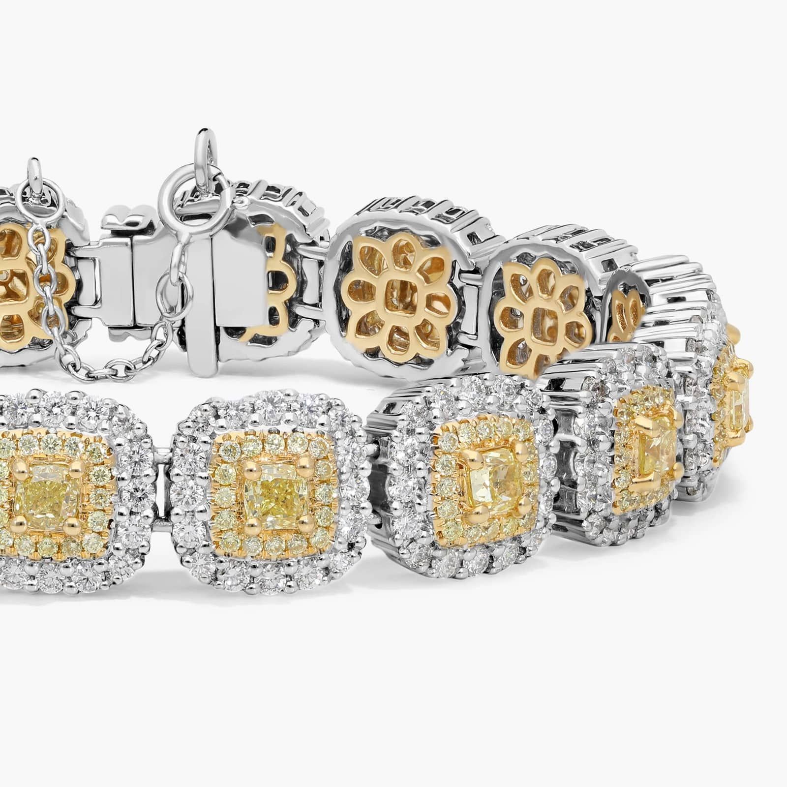 White And Yellow Diamond Halo Bracelet with 10.5 CTW Mixed Shape Diamonds in 18K White & Yellow Gold