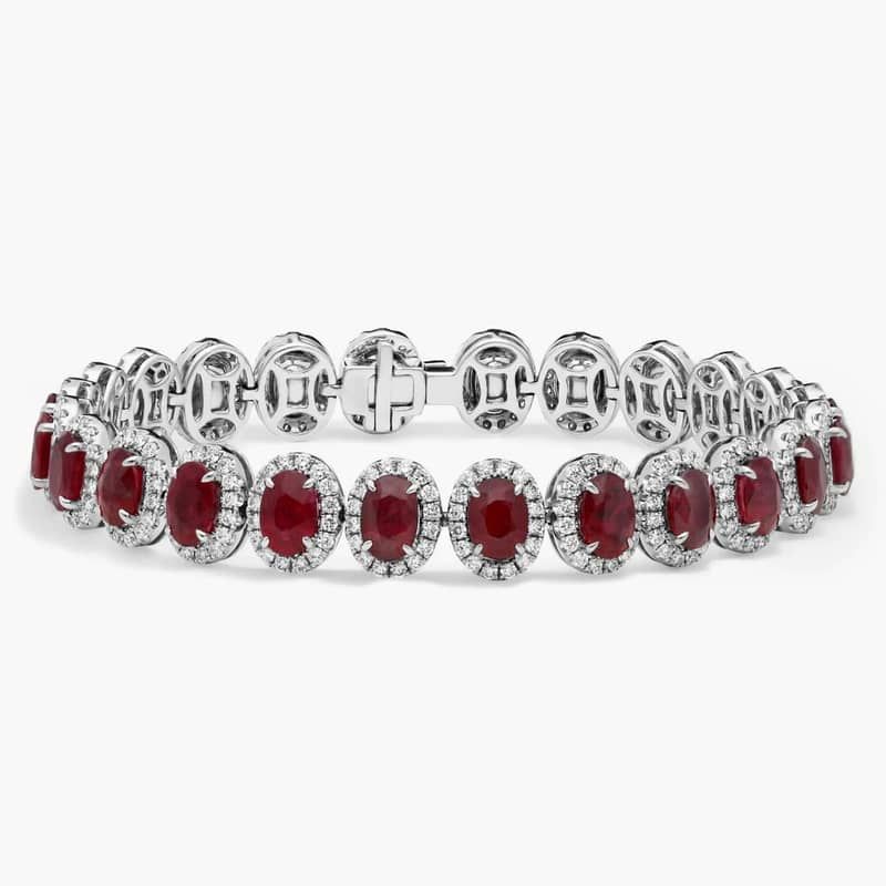 Oval Cut Ruby & Diamond Halo Bracelet with 3 CTW Round Cut Diamonds in 18K White Gold