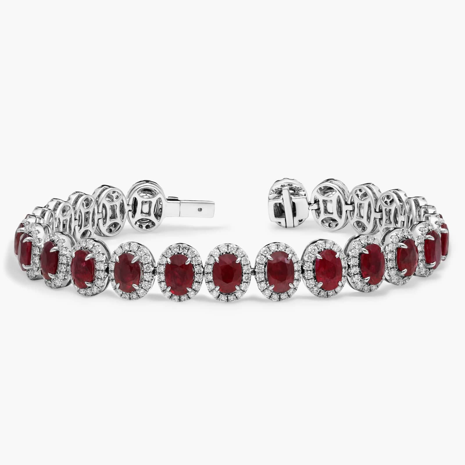 Oval Cut Ruby & Diamond Halo Bracelet with 3 CTW Round Cut Diamonds in 18K White Gold