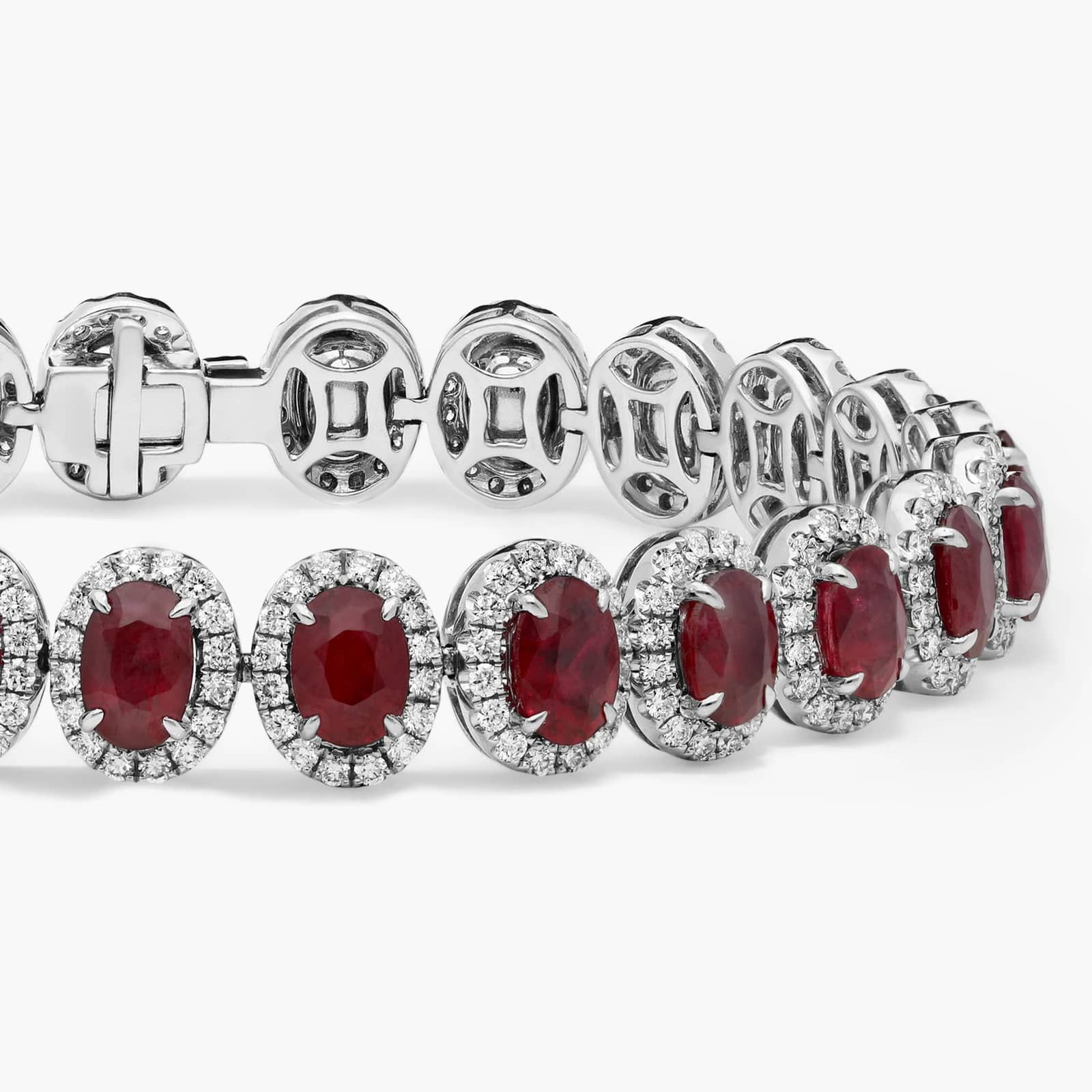 Oval Cut Ruby & Diamond Halo Bracelet with 3 CTW Round Cut Diamonds in 18K White Gold