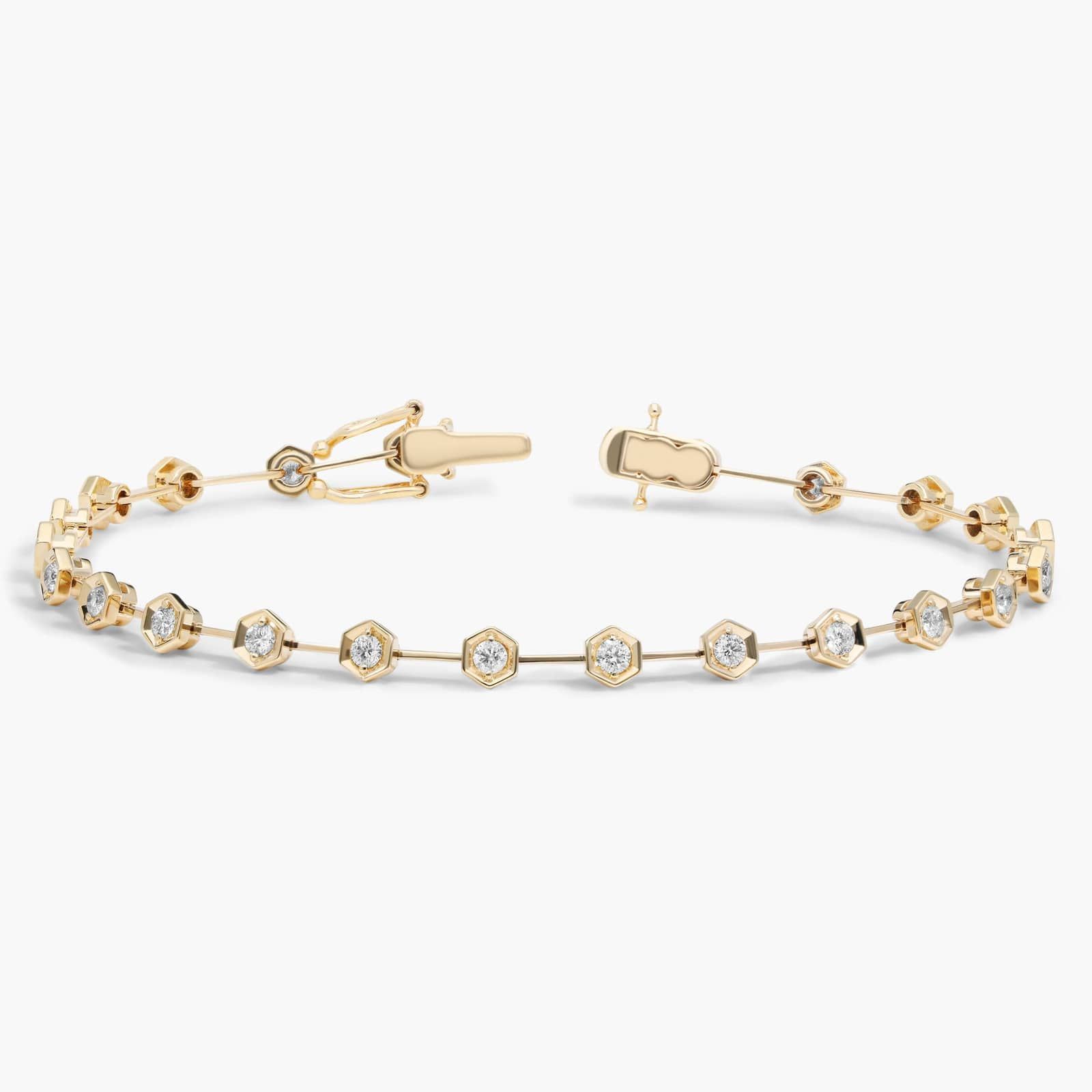 Hexagon Design Bracelet with Round Cut Diamonds in 14K Yellow Gold
