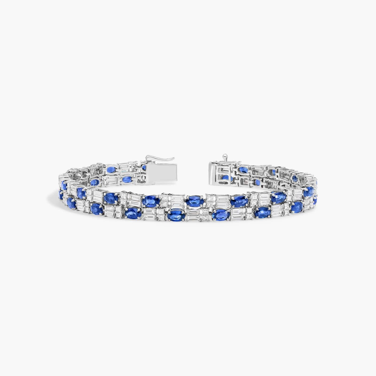 Alternating Baguette Cut Blue Sapphire And Diamond Tennis Bracelet In 14K White Gold