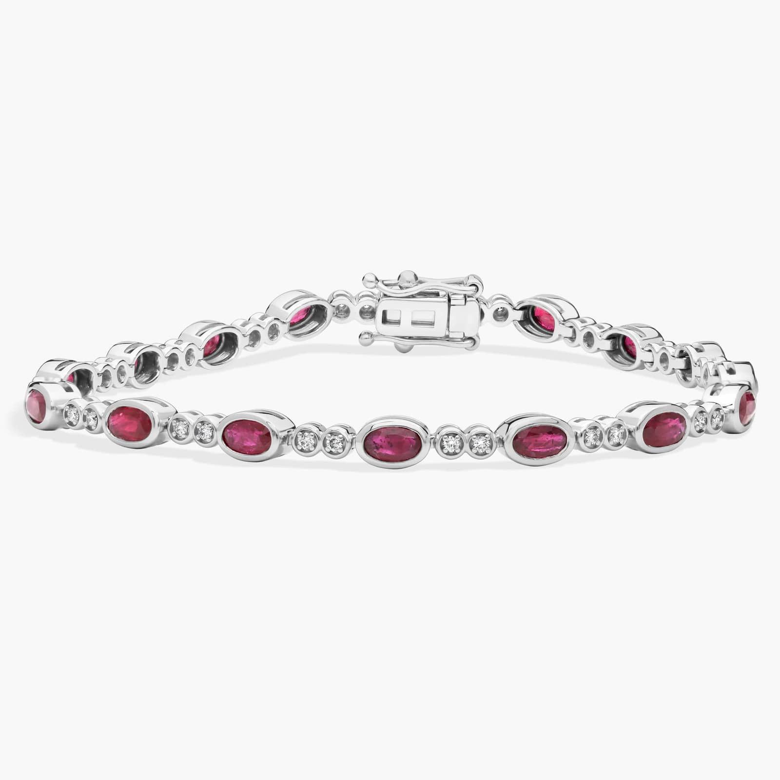 Alternating Oval Cut Ruby and Diamond Bracelet with 0.3 CTW Round Cut Diamonds in 14K White Gold Bezel Setting