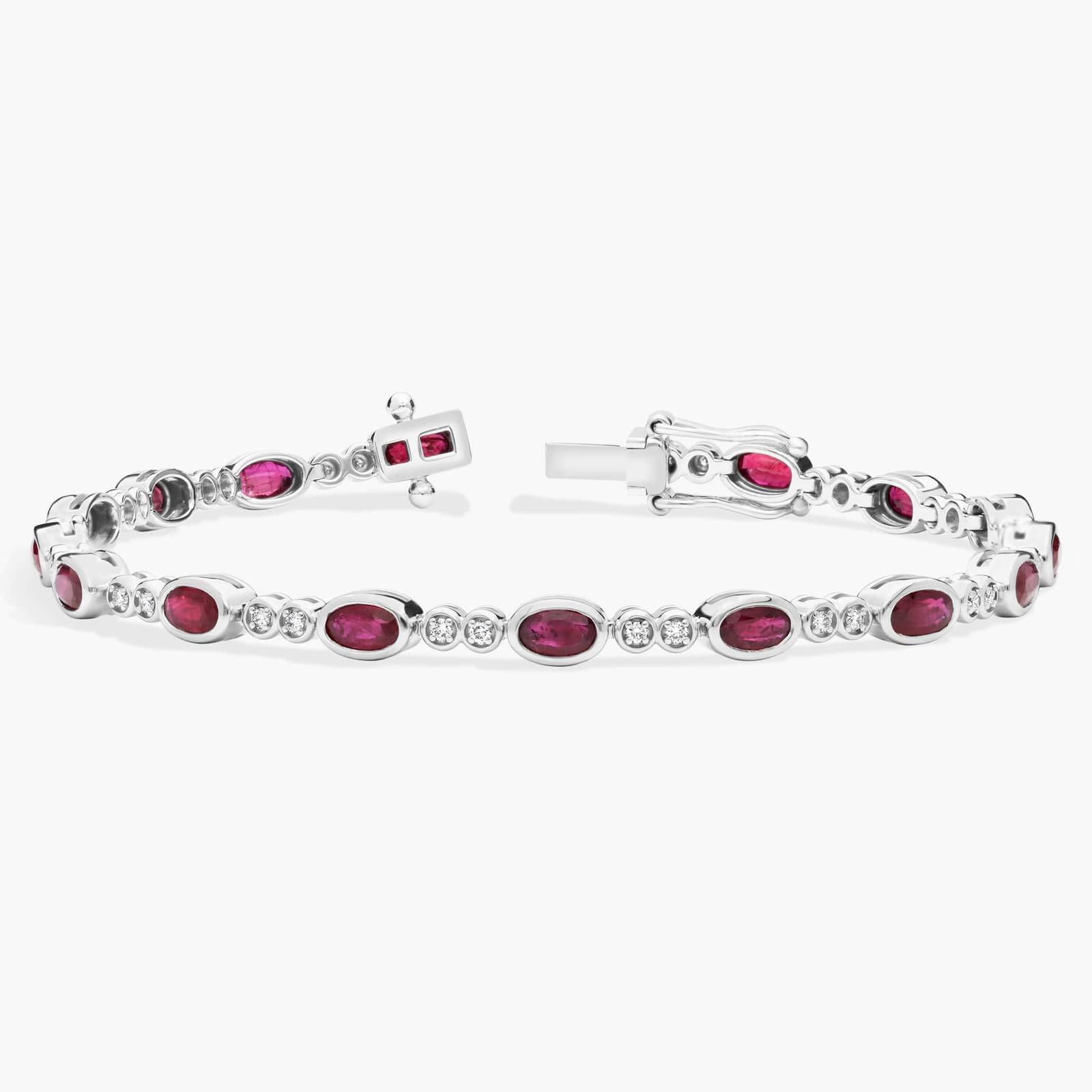 Alternating Oval Cut Ruby and Diamond Bracelet with 0.3 CTW Round Cut Diamonds in 14K White Gold Bezel Setting