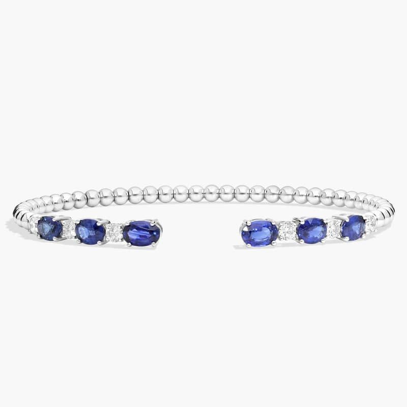 Alternating Diamond and Blue Sapphire Open Cuff Bracelet in 14K White Gold