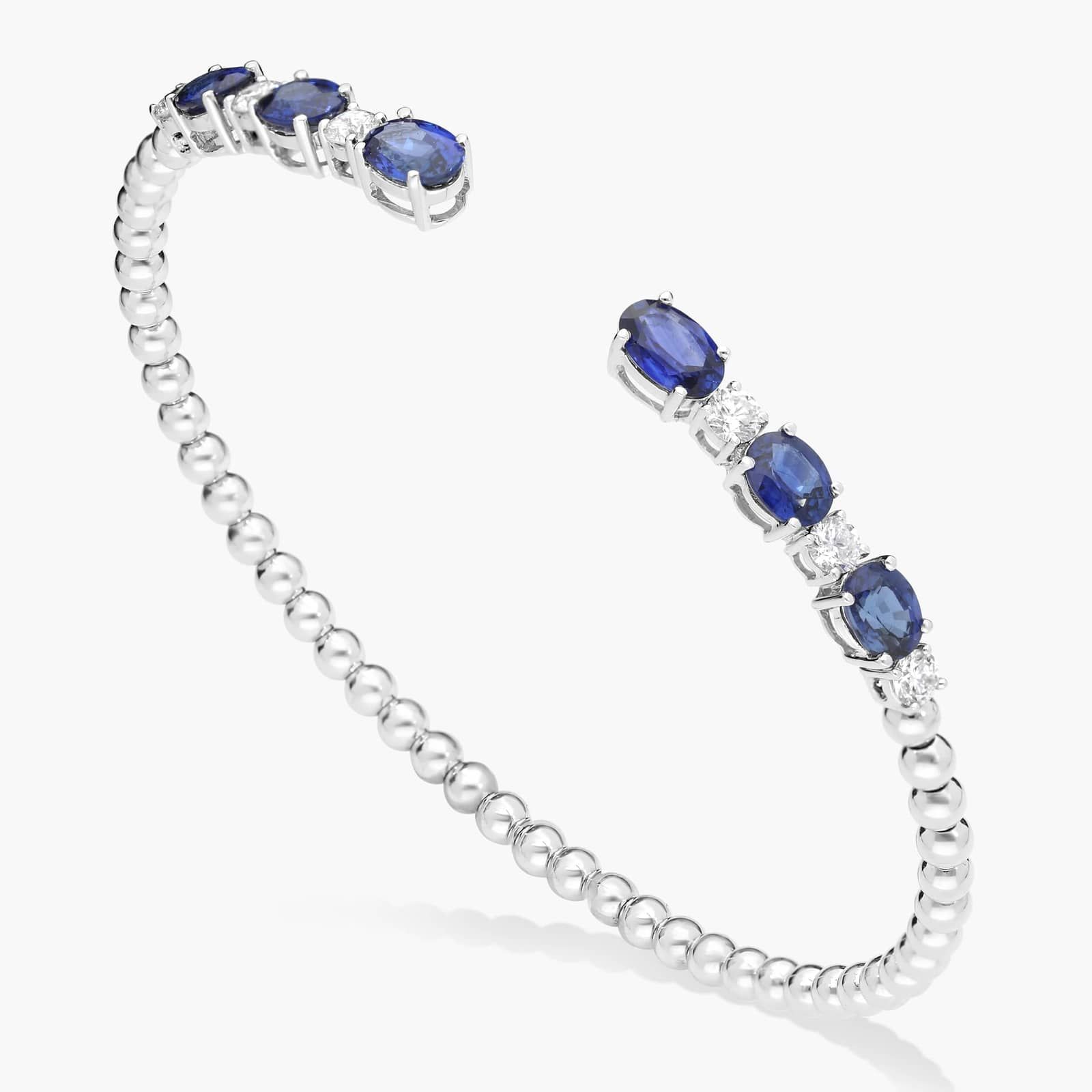 Alternating Diamond and Blue Sapphire Open Cuff Bracelet in 14K White Gold