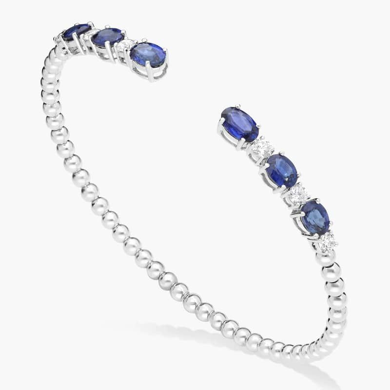 Alternating Diamond and Blue Sapphire Open Cuff Bracelet in 14K White Gold