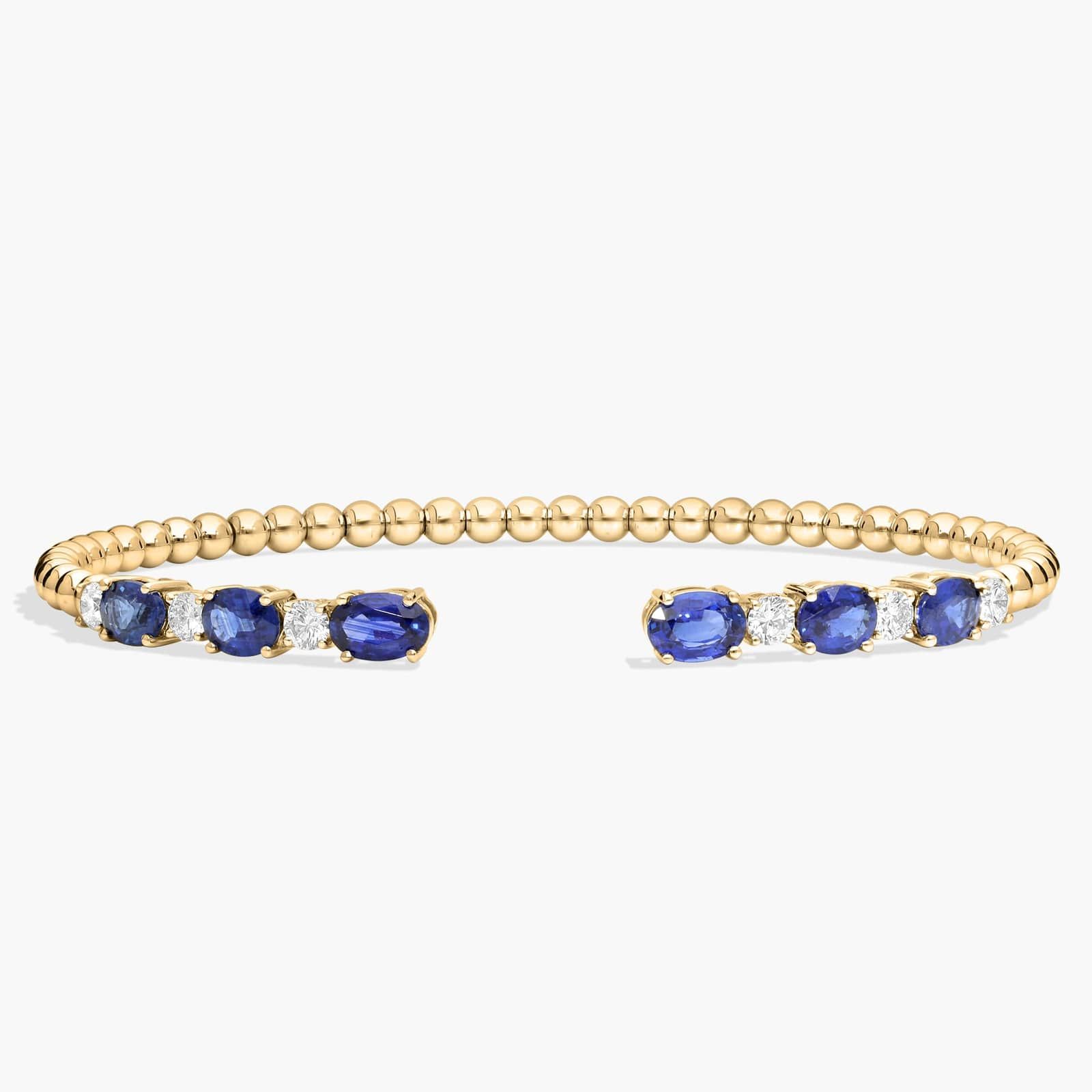 Alternating Diamond and Blue Sapphire Open Cuff Bracelet in 14K Yellow Gold