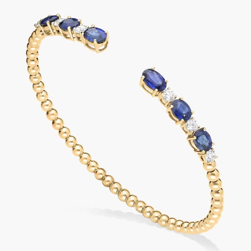 Alternating Diamond and Blue Sapphire Open Cuff Bracelet in 14K Yellow Gold