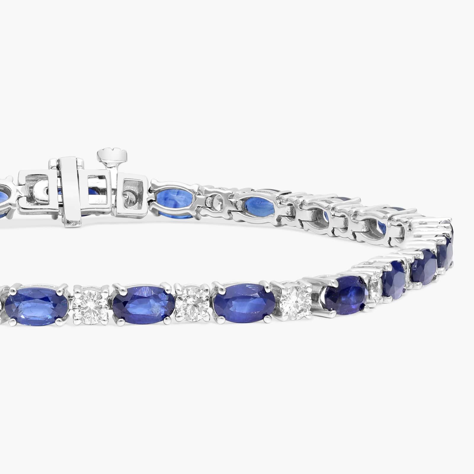 Diamond and Oval Shaped Blue Sapphire Bracelet in 14K White Gold