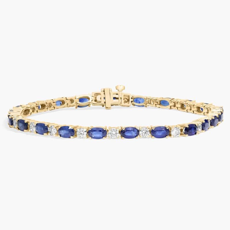 Diamond and Oval Shaped Blue Sapphire Bracelet in 14K Yellow Gold