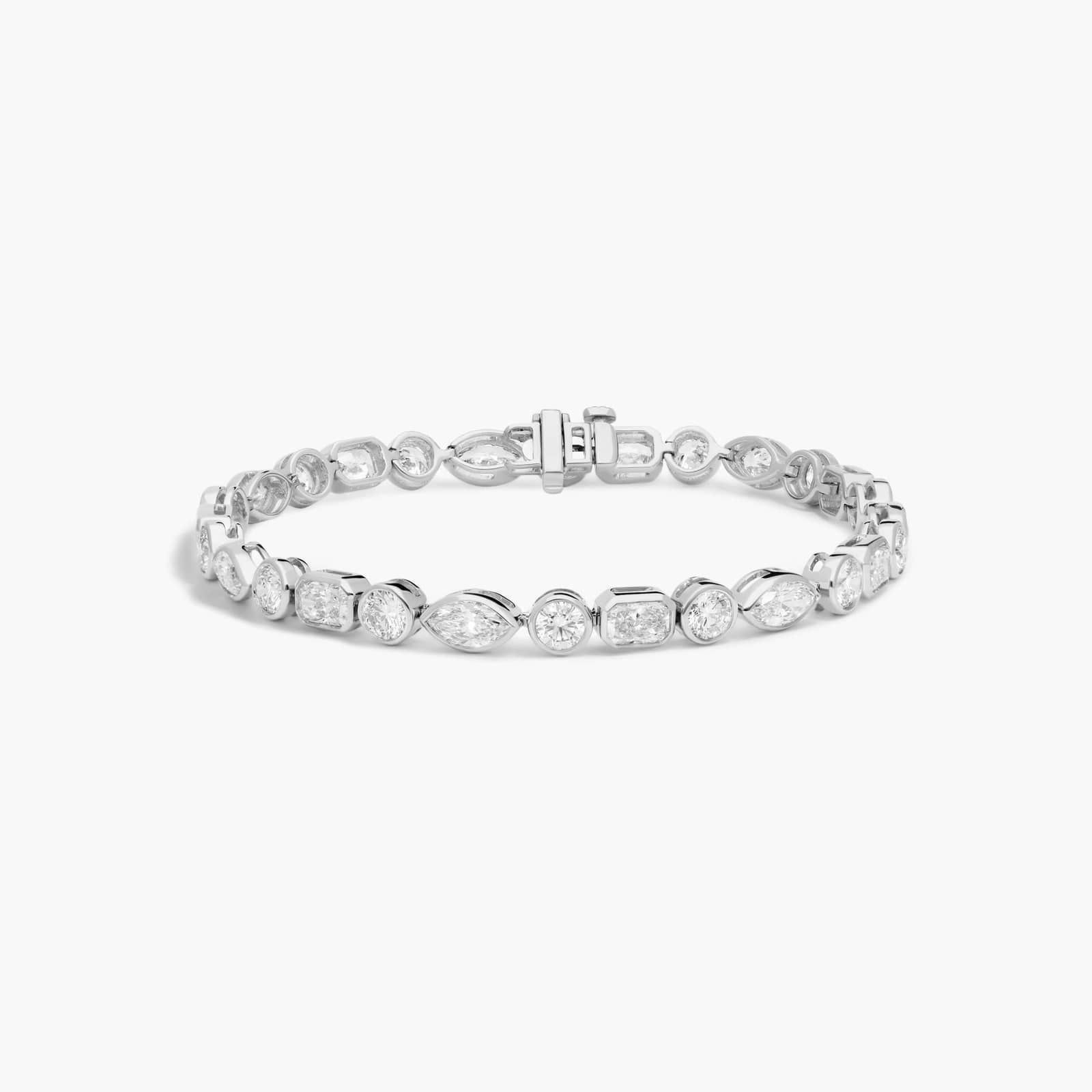 Bezel Set Mixed Shape Diamond Bracelet with 9 CTW Radiant, Round and Marquise Cut Lab-Grown Diamonds in 14K White Gold