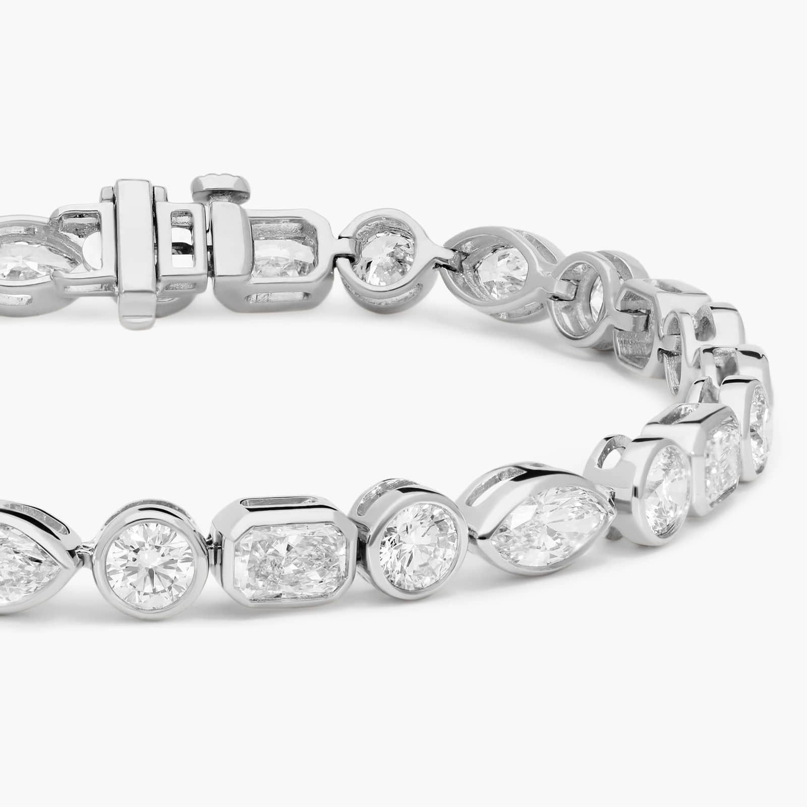 Bezel Set Mixed Shape Diamond Bracelet with 9 CTW Radiant, Round and Marquise Cut Lab-Grown Diamonds in 14K White Gold