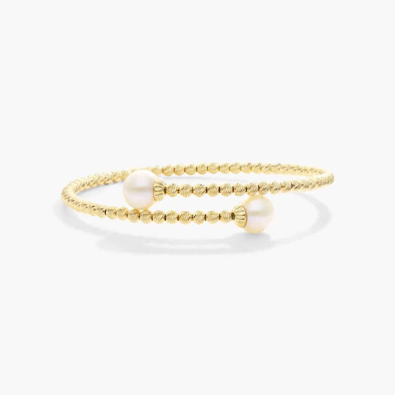 Freshwater Cultured Pearl and Textured Brilliance Bead Bangle Bracelet In 14K Yellow Gold By James Allen