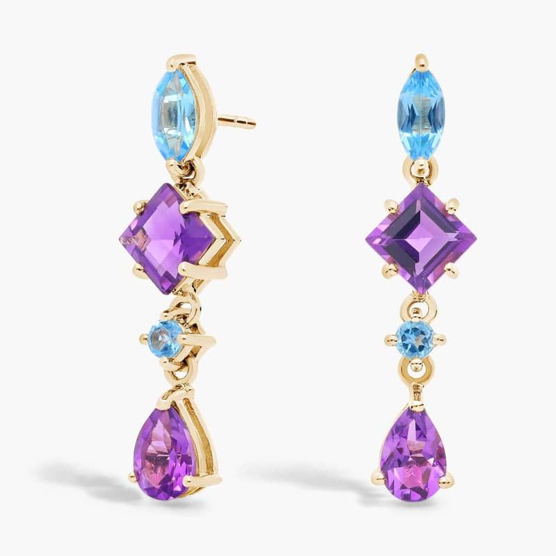 Blue Topaz and Amethyst Mixed Shape Drop Earrings in 14k Yellow Gold