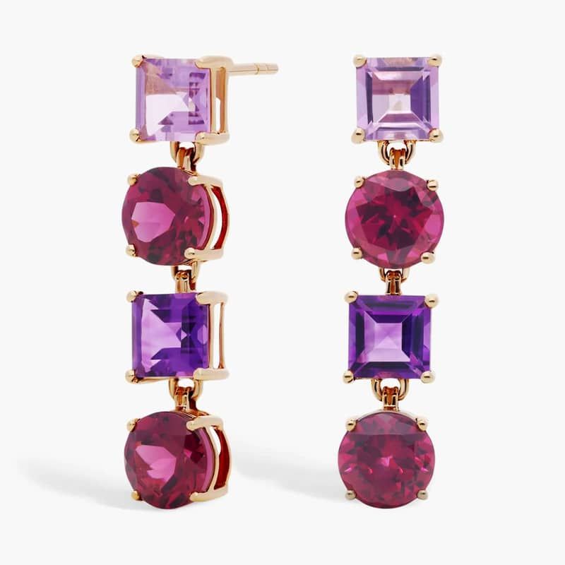 Rhodolite and Amethyst Round and Princess Drop Earrings in 14k Yellow Gold