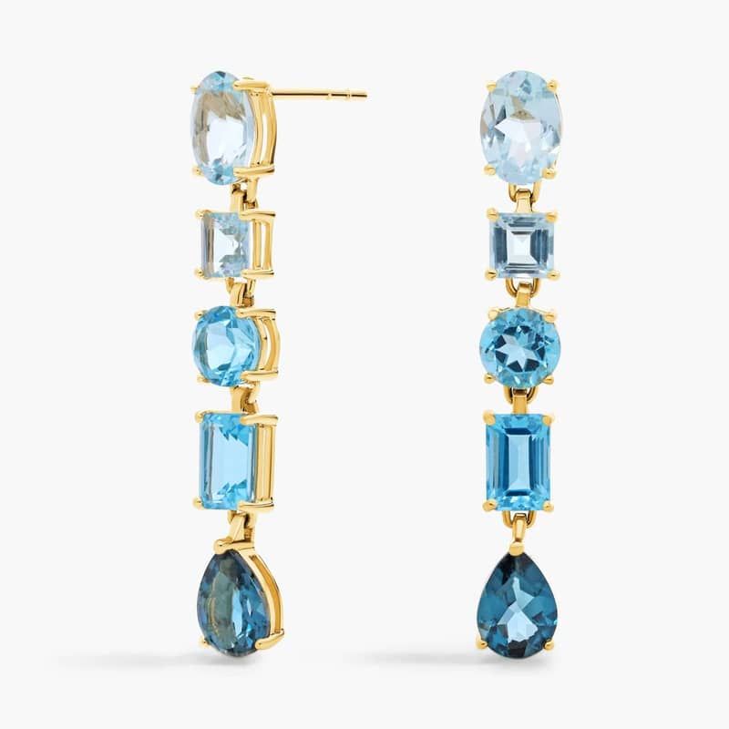 Mixed Shaped Blue Topaz Drop Earrings in 14k Yellow Gold