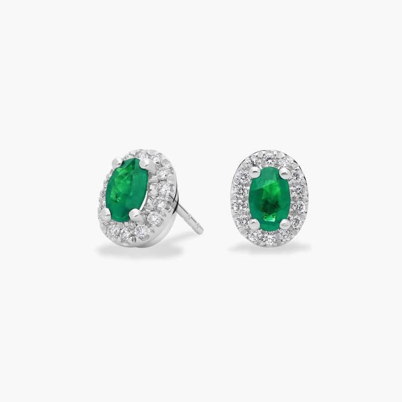 Emerald and Pavé Diamond Halo Earrings in 14k White Gold (6x4mm)