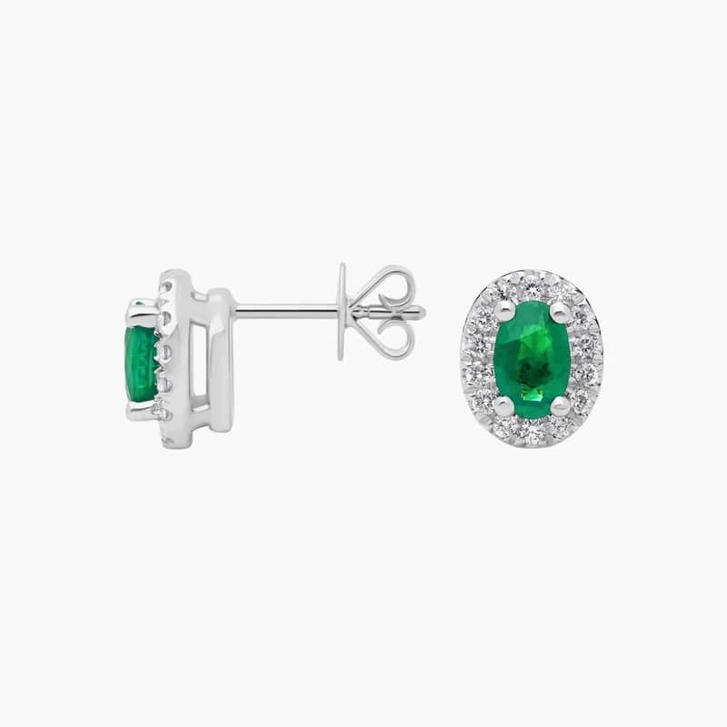 Emerald and Pavé Diamond Halo Earrings in 14k White Gold (6x4mm)