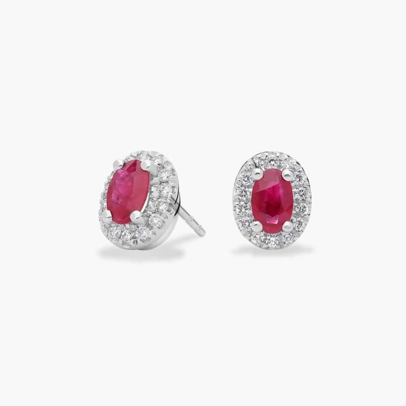 Oval Ruby and Pavé Diamond Earrings in 14k White Gold (6x4mm)