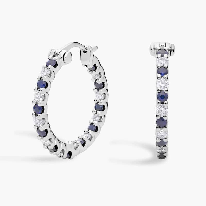 Luna Sapphire and Diamond Hoop Earrings in 18k White Gold (2mm)