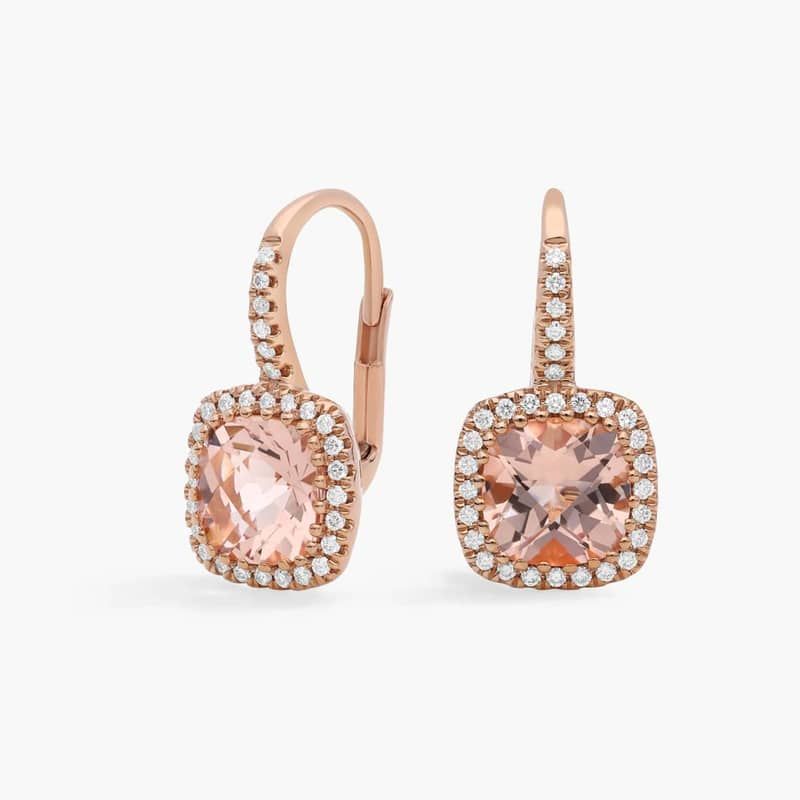 Morganite and Diamond Cushion Drop Earrings in 14k Rose Gold (7x7mm)