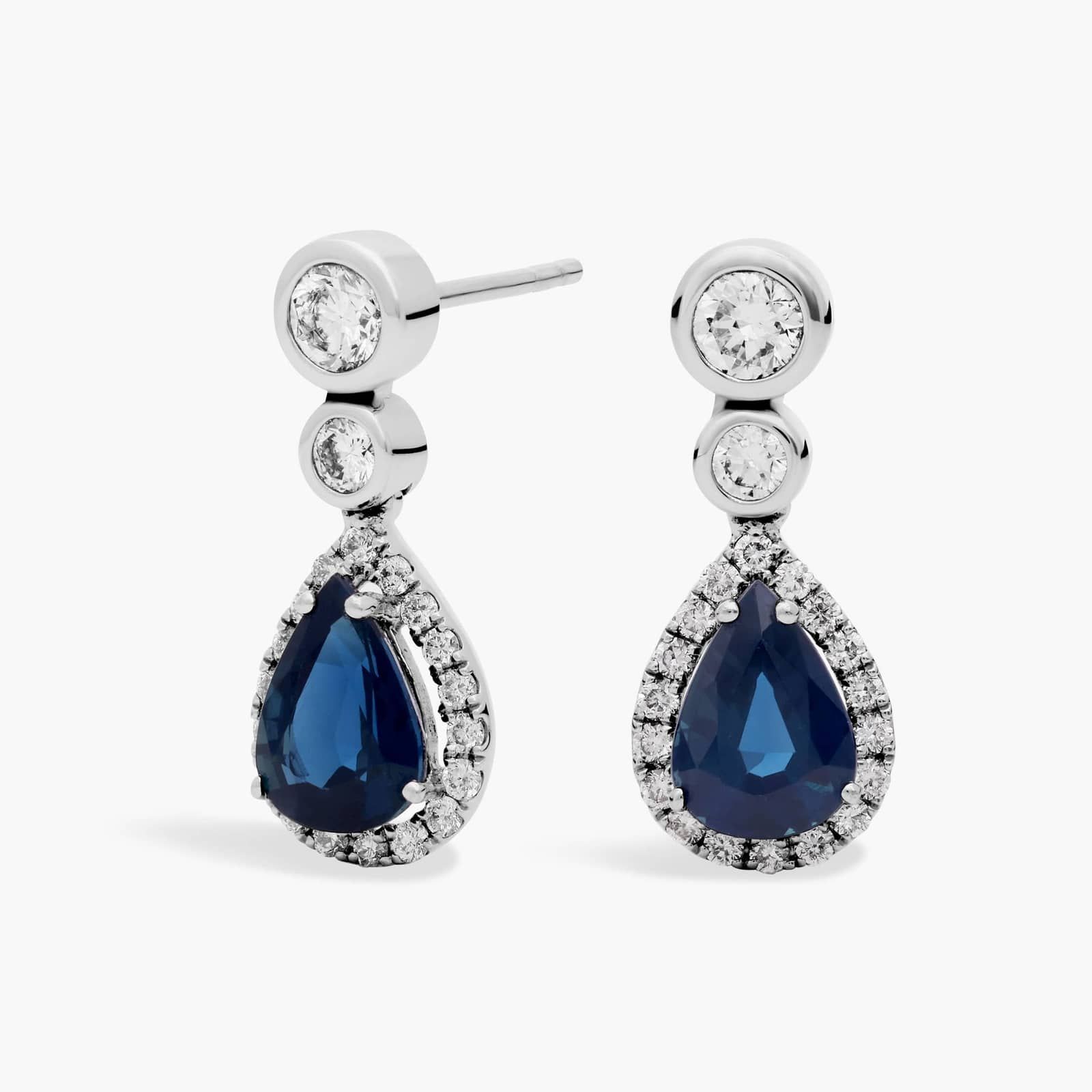 White Gold Finish Pear Cut Sapphire And Created Diamond Droplet Earrings buy Gift