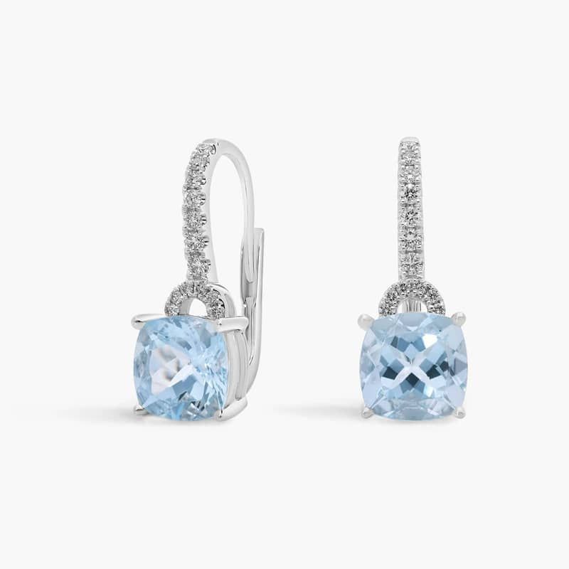 Aquamarine Cushion and Diamond Drop Earrings in 14k White Gold (7x7mm)