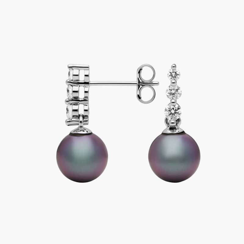 Tahitian Cultured Pearl and 3-Diamond Drop Earrings in 18k White Gold (8mm)