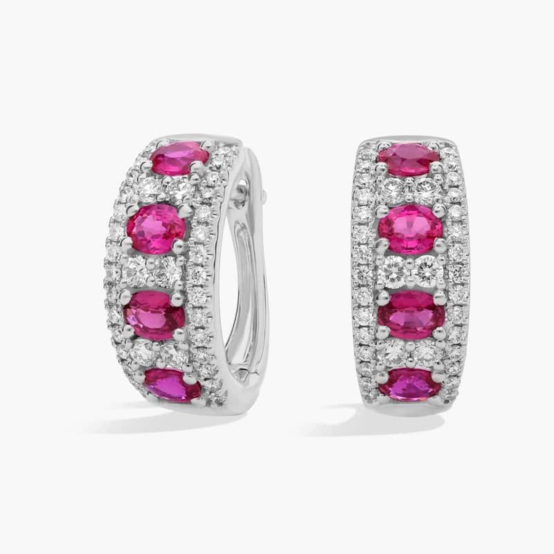 Ruby and Diamond Hoop Earring in 14k White Gold (4x3mm)