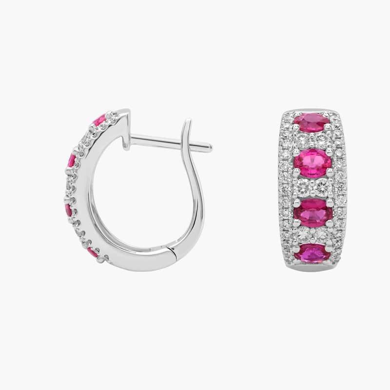 Ruby and Diamond Hoop Earring in 14k White Gold (4x3mm)