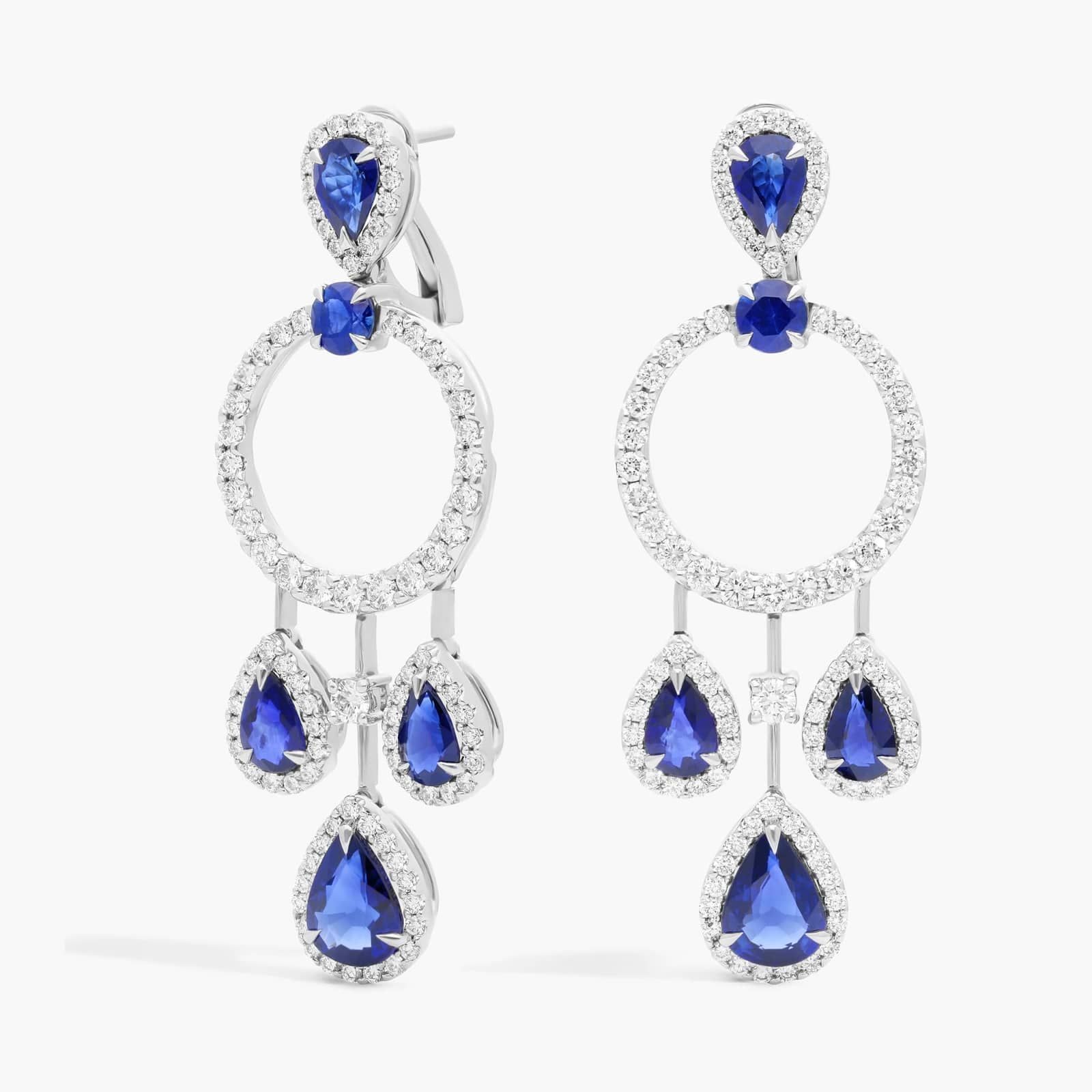 Pear Shape Sapphire and Diamond Drop Earrings in 18k White Gold