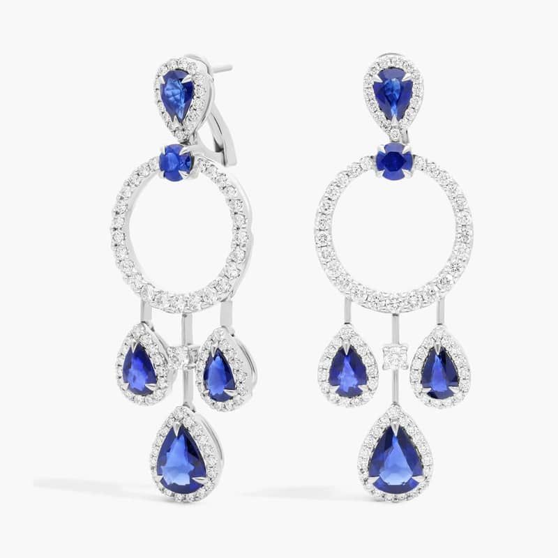 Pear Shape Sapphire and Diamond Drop Earrings in 18k White Gold