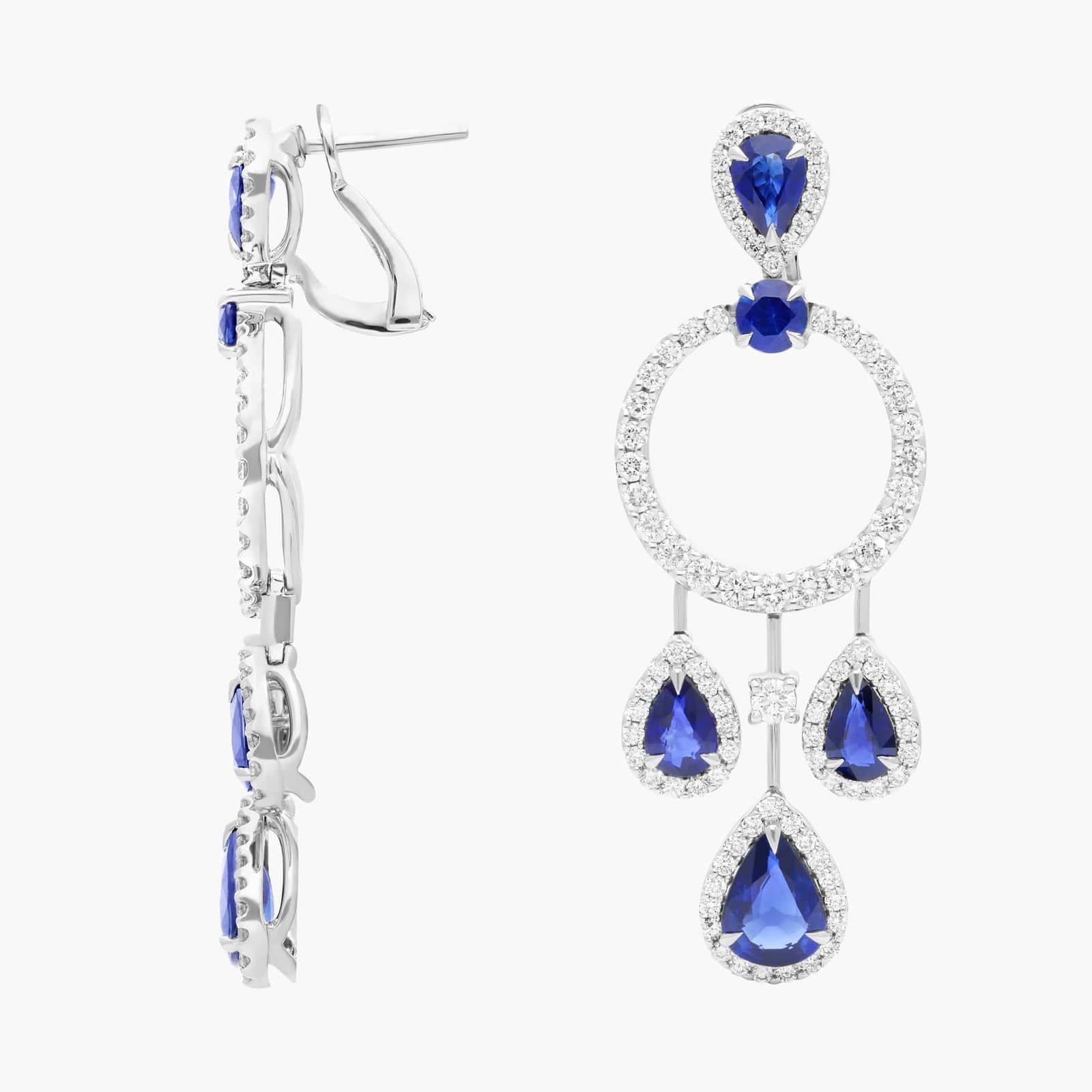 Pear Shape Sapphire and Diamond Drop Earrings in 18k White Gold