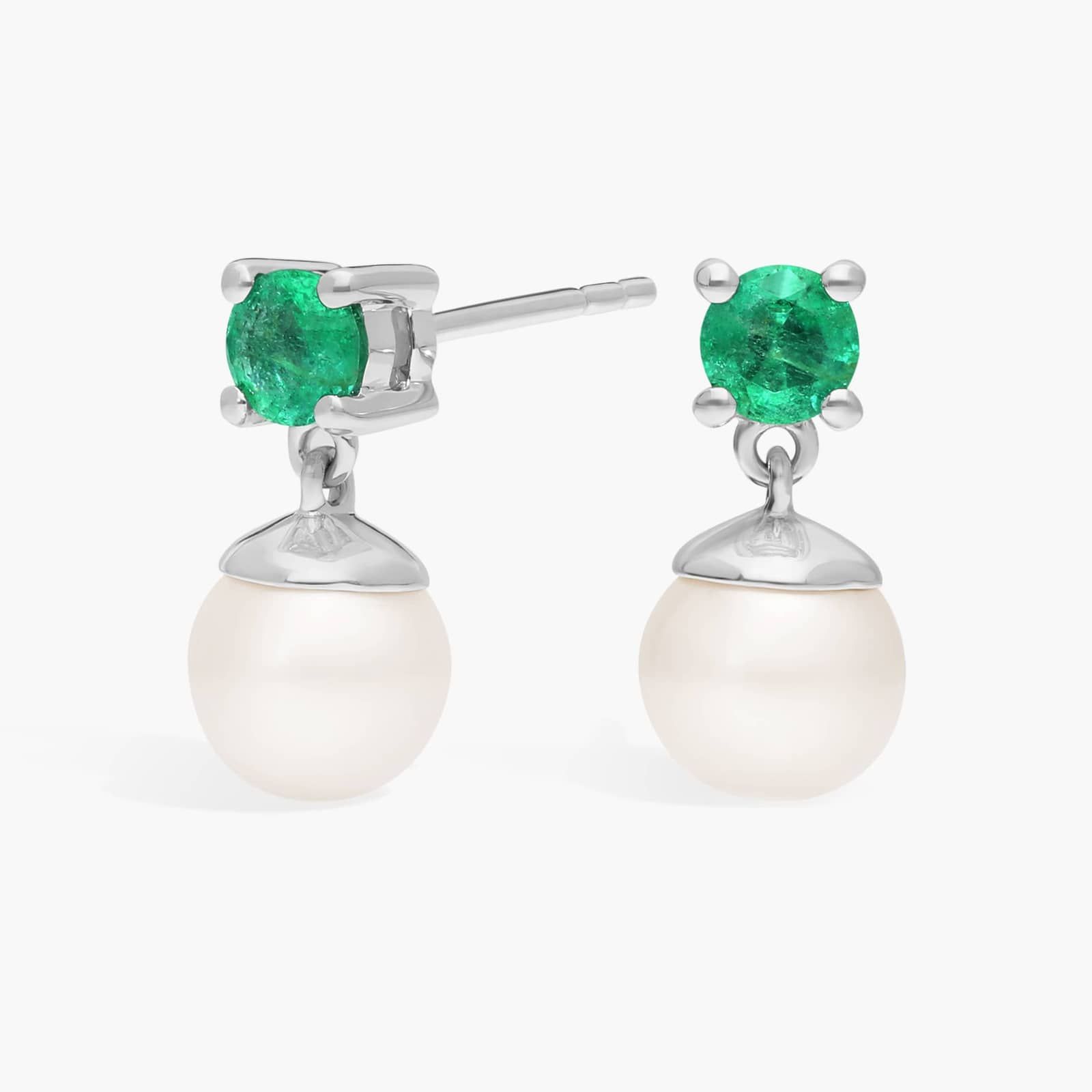 Freshwater Cultured Pearl and Emerald Drop Earrings in 14k White Gold (6-6.5mm)