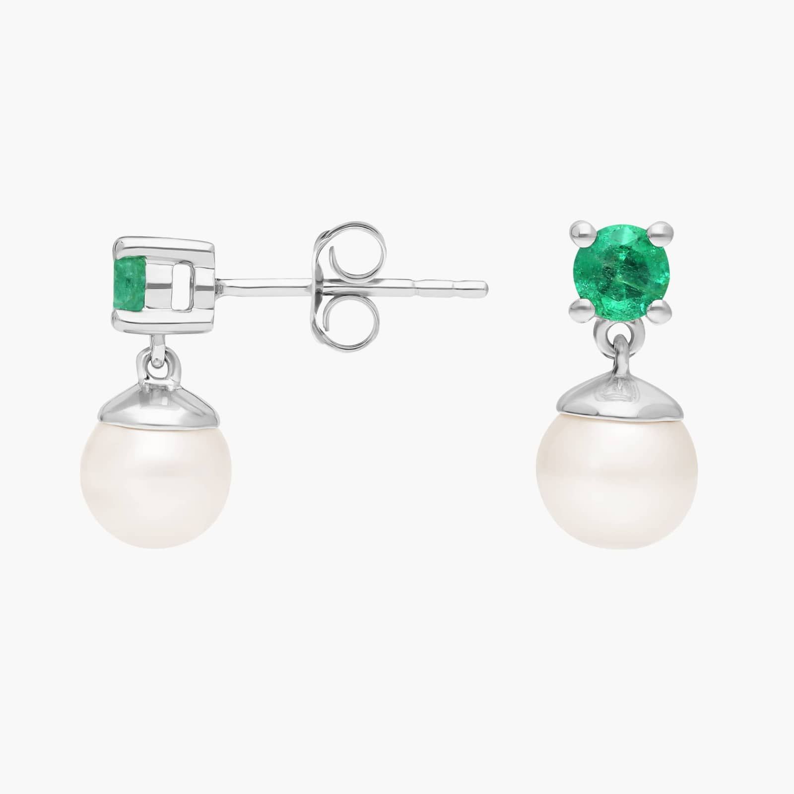 Freshwater Cultured Pearl and Emerald Drop Earrings in 14k White Gold (6-6.5mm)