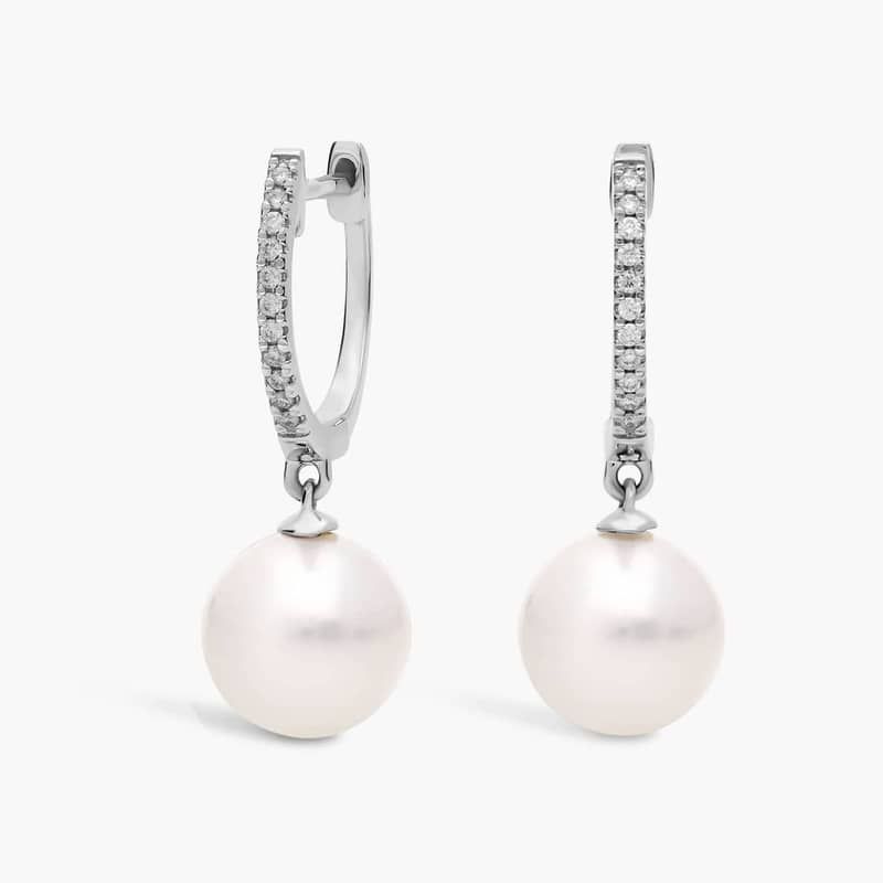 White South Sea Pearl Earrings with Diamond Hoops in 18k White Gold (8-9mm)