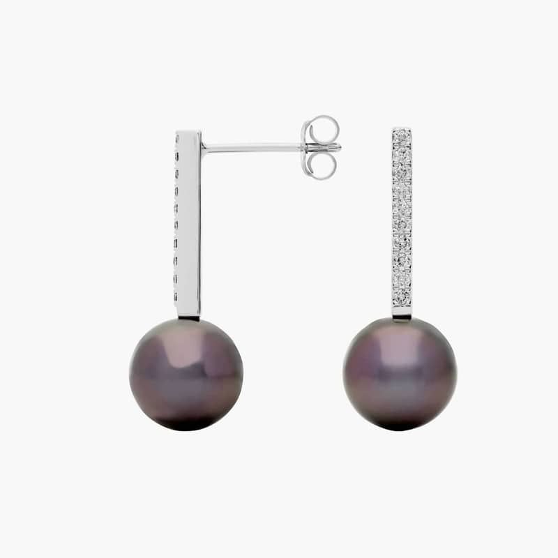 Tahitian Cultured Pearl Earrings with Diamond Drop in 14k White Gold (9-10mm)