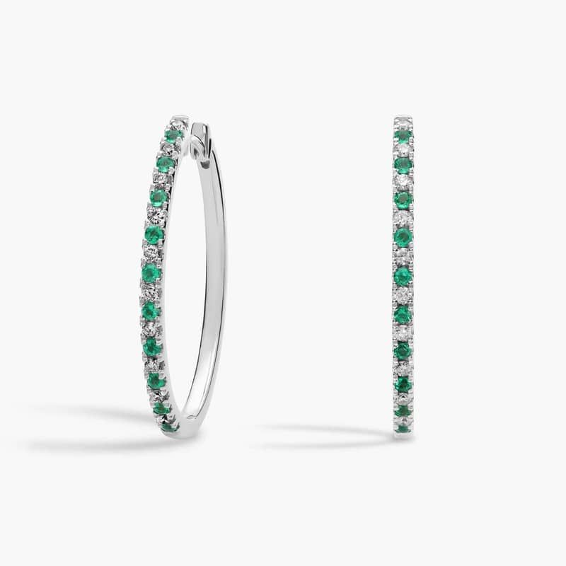 Emerald and Diamond Oval Hoop Earrings in 14k White Gold (1.4mm)