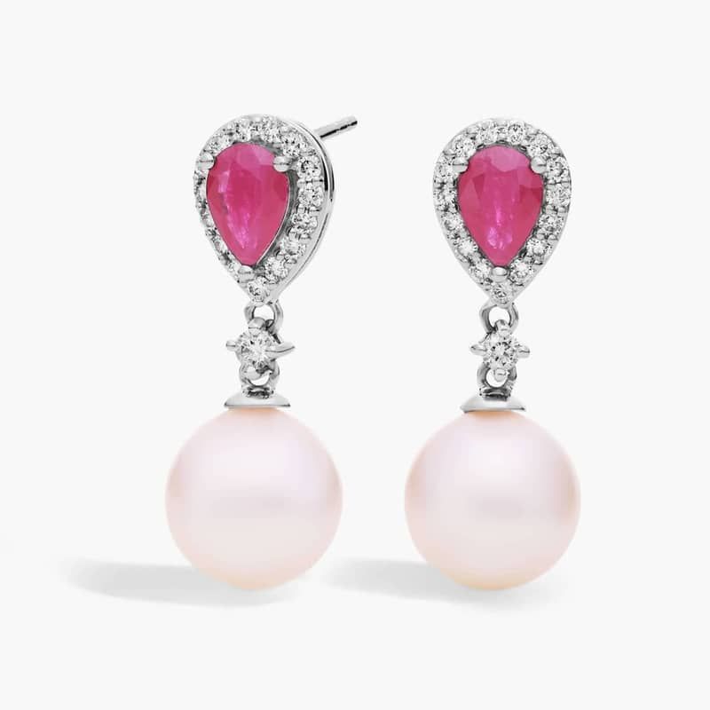 Classic Akoya Cultured Pearl Drop Earrings with Ruby and Diamond Detail in 14k White Gold