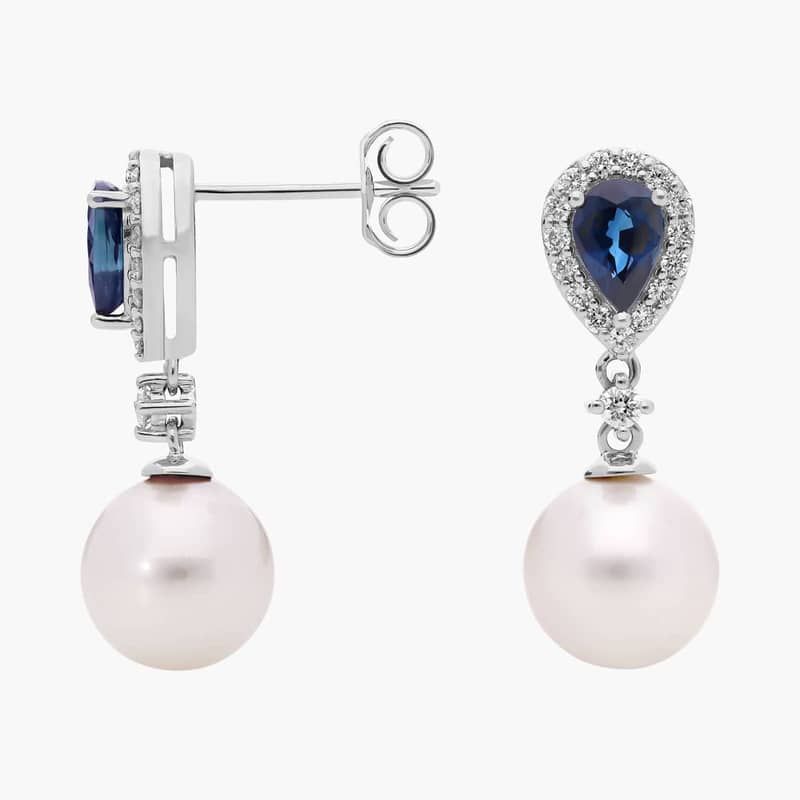 Classic Akoya Cultured Pearl Drop Earrings with Sapphire and Diamond Detail in 14k White Gold