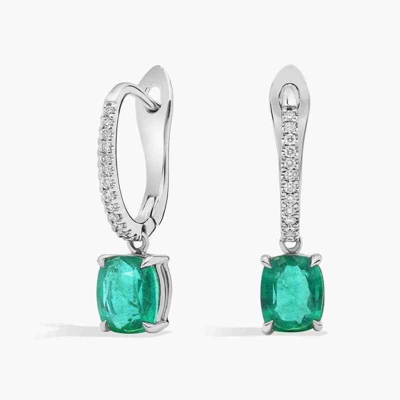 Cushion-Cut Emerald Earrings with Diamond Drop in 14k White Gold (6x5mm)