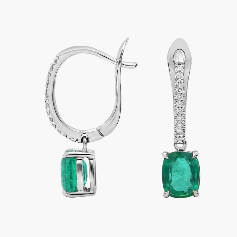 Cushion-Cut Emerald Earrings with Diamond Drop in 14k White Gold (6x5mm)