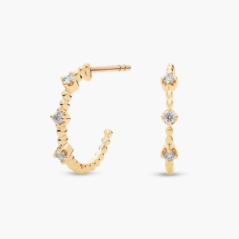 Mini Diamond Three-Stone Beaded Huggie Hoop Earrings in 14k Yellow Gold