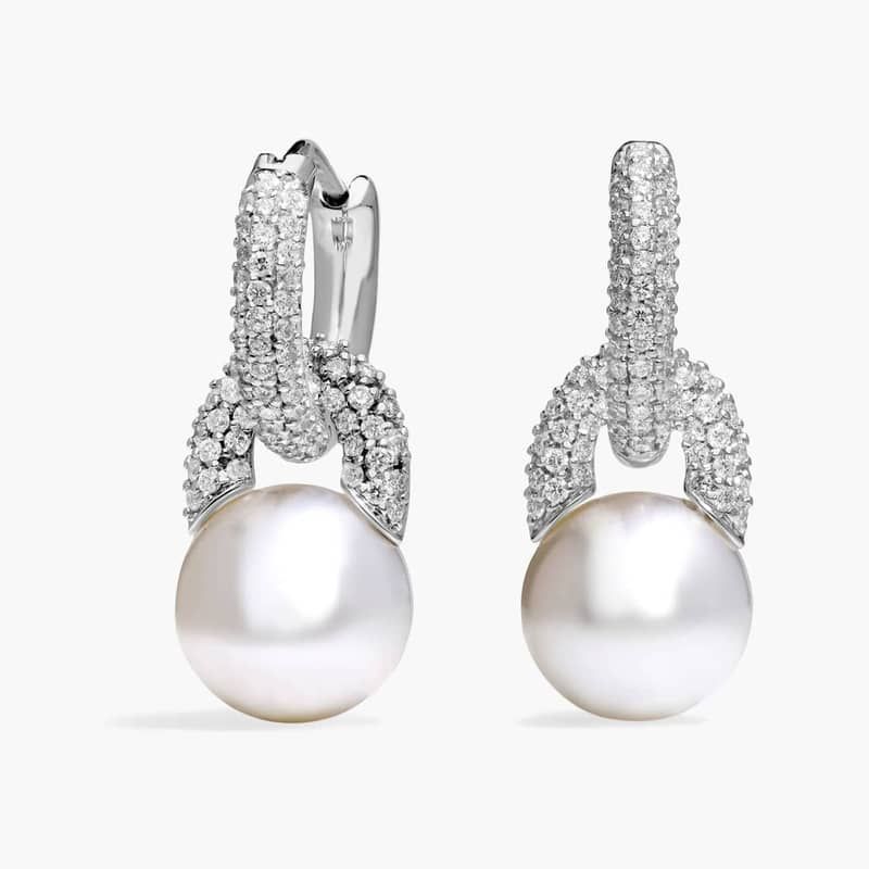 Diamond Door Knocker Earrings with South Sea Cultured Pearls in 18k White Gold (9.5-10mm)