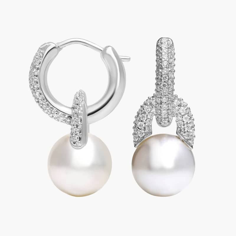 Diamond Door Knocker Earrings with South Sea Cultured Pearls in 18k White Gold (9.5-10mm)